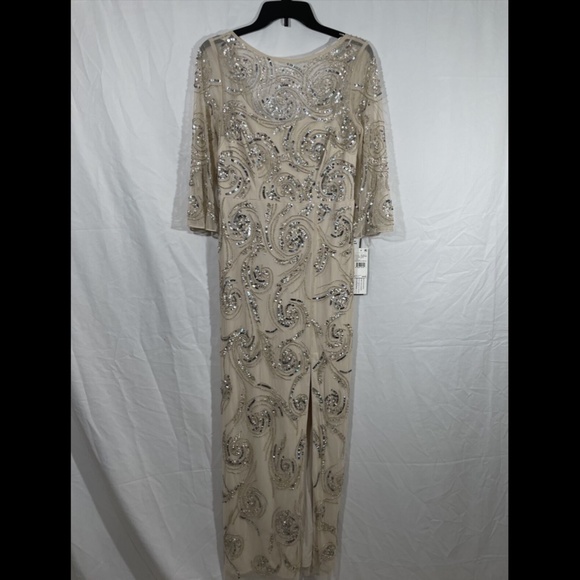 NWT‎ $495 Aidan Mattox 3/4 Sleeve Beaded Column Gown in Champagne [SZ 6 ] - Picture 4 of 16